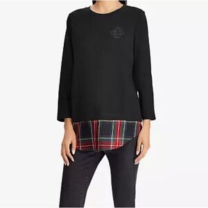 Ralph Lauren Pullover Monogrammed Top w/ Plaid Accent
